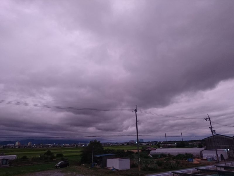 田んぼにたくさんの雲が覆っている空模様
