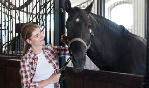 馬と触れ合っている外国人女性