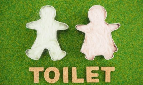 緑のタイルに男の子と女の子の白い人形が置かれているトイレマーク